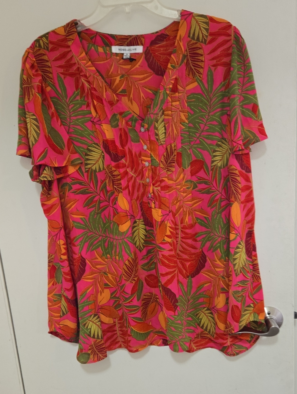 Rose & Olive Pink, Orange & Green Tropical Leaf Button-Front Blouse
